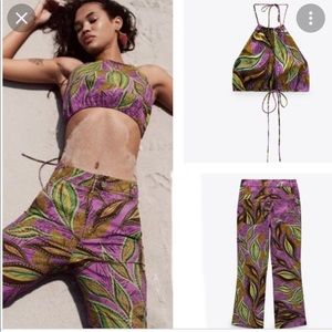 Zara tropical two piece set with trouser and cropped halter tie top